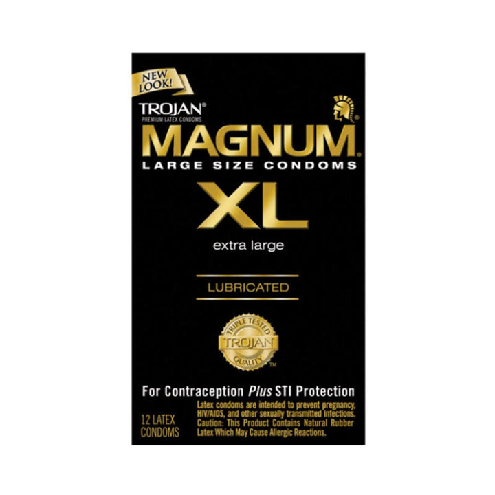 Trojan Magnum XL extra large lubricated condoms box with premium latex and STI protection, 12 count.