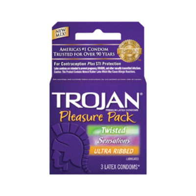 Trojan Pleasure Pack with three lubricated latex condoms featuring twisted, sensations, and ultra ribbed textures in purple packaging.