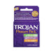 Trojan Pleasure Pack with three lubricated latex condoms featuring twisted, sensations, and ultra ribbed textures in purple packaging.