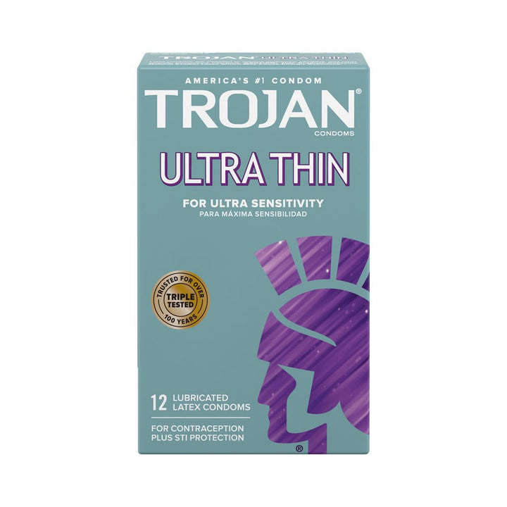 Box of Trojan Ultra Thin lubricated latex condoms, 12 count, designed for ultra sensitivity and STI protection.