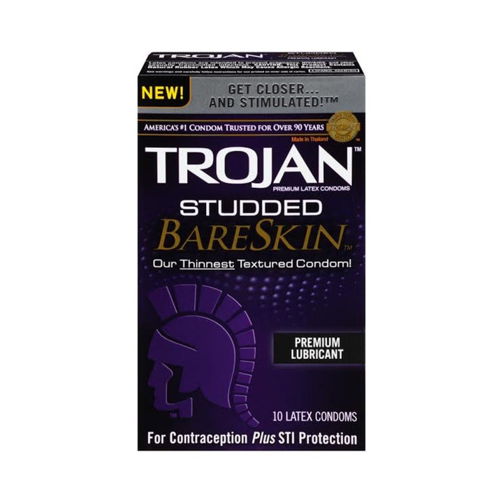 Box of Trojan Studded Bareskin premium latex condoms with premium lubricant, 10 count for contraception and STI protection.
