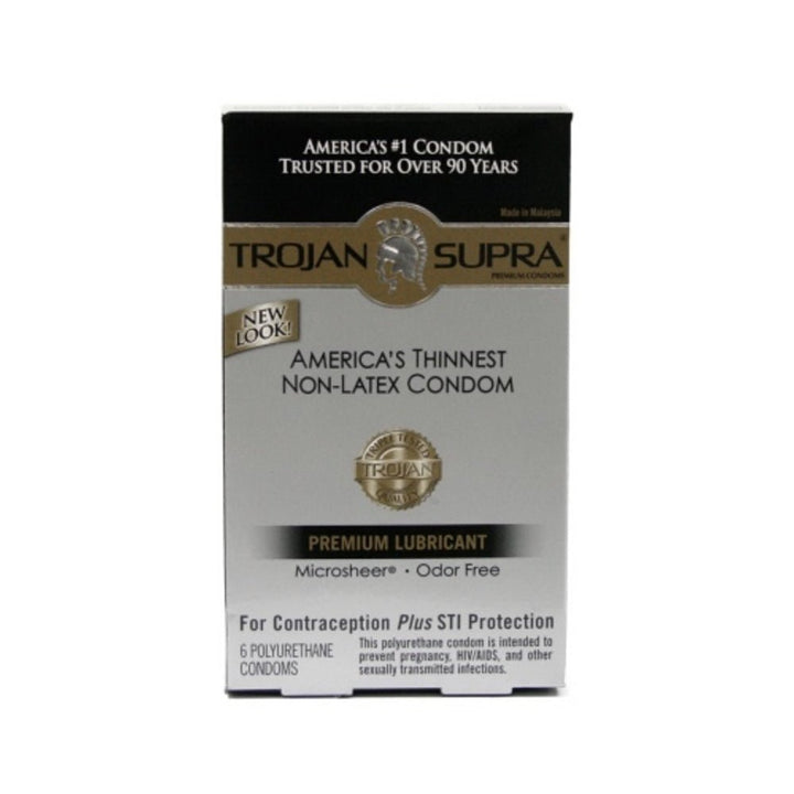 Trojan Supra Microsheer non-latex polyurethane condoms 6 pack with premium lubricant for contraception and STI protection.