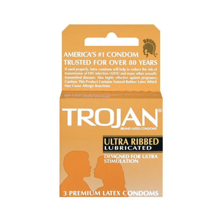 Trojan Ultra Ribbed Lubricated Condoms 3 pack box with orange design and silhouette of a couple.