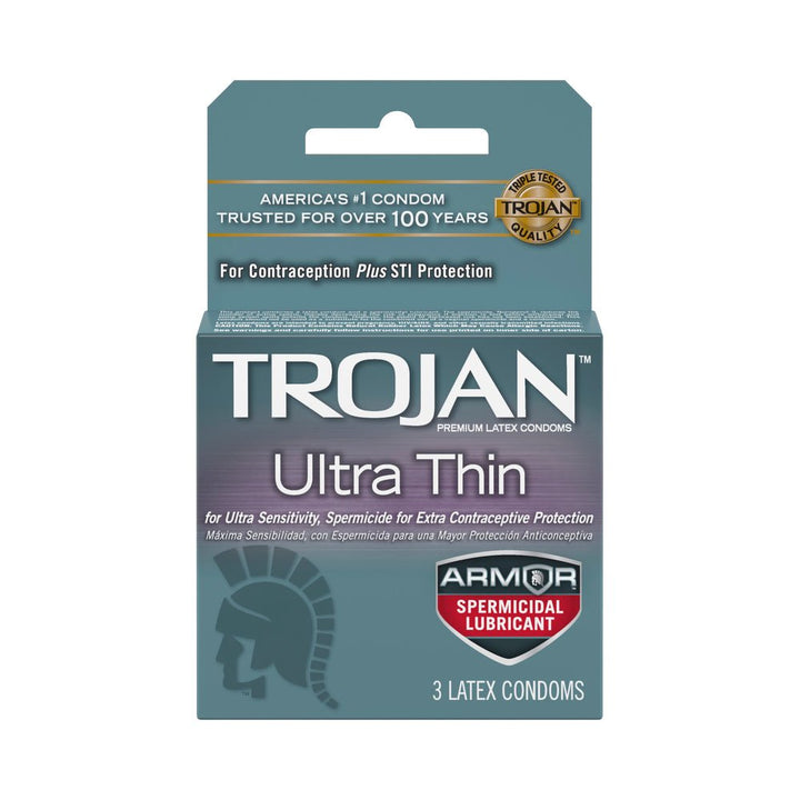 Trojan Ultra Thin Armor spermicidal latex condoms 3-pack box with premium protection and sensitivity features.