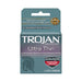 Trojan Ultra Thin Armor spermicidal latex condoms 3-pack box with premium protection and sensitivity features.