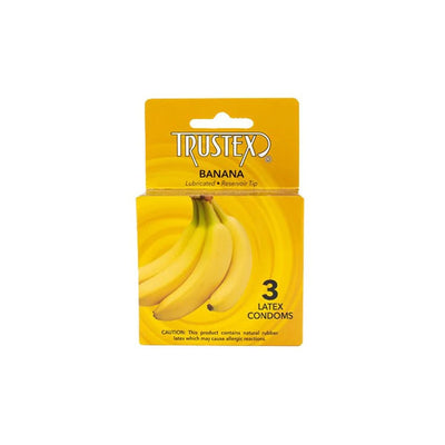 Trustex banana flavored lubricated latex condoms 3-pack with bright yellow packaging and banana graphic.