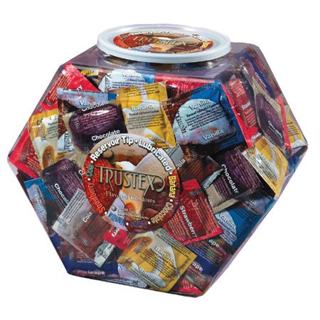 Clear container filled with assorted colorful Trustex lubricated condoms in various flavors and colors