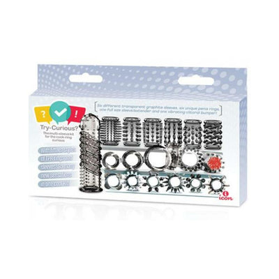 Try-Curious Cock Ring & Sleeve Set with 15 textured transparent TPR rings and sleeves in varied designs for enhanced stimulation.