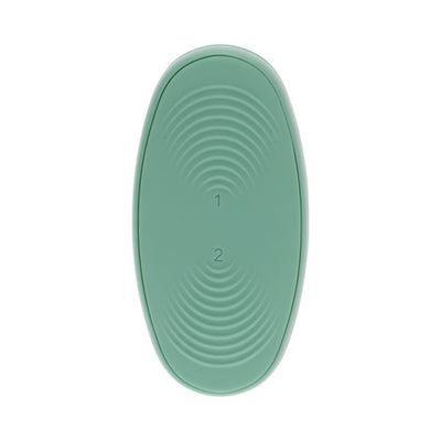 Green oval-shaped remote control with textured buttons labeled 1 and 2 for Tryst V2 massager.