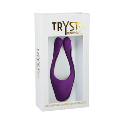 Purple Tryst V2 bendable multi-erogenous zone silicone massager in white retail box with gold lettering.