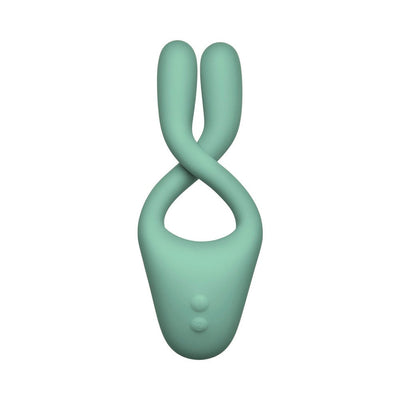 Mint green flexible dual-arm multi-erogenous zone massager with two control buttons on the base.