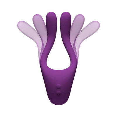 Purple flexible Tryst V2 multi-erogenous zone massager with dual buttons and adjustable arms shown in motion.
