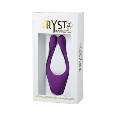 Purple Tryst V2 bendable multi-erogenous zone silicone massager in white retail box with gold lettering and remote control feature.
