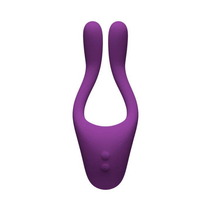 Purple flexible dual-arm multi-erogenous zone massager with two control buttons on the base.