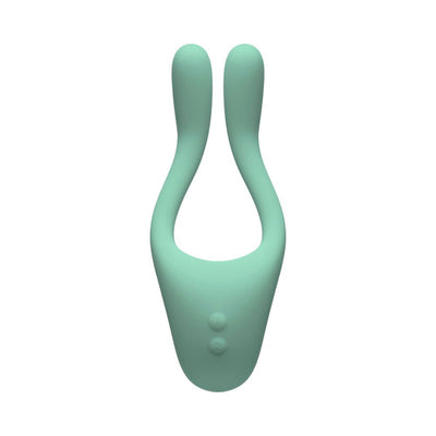 Mint green flexible dual-arm multi-erogenous zone massager with two control buttons on the base.