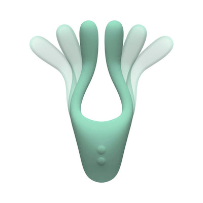 Flexible mint green multi-erogenous zone massager with dual control buttons shown in adjustable positions.