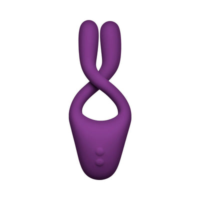 Purple flexible dual-arm multi-erogenous zone massager with two control buttons on the base.