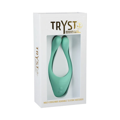 Tryst V2 bendable silicone multi-erogenous zone massager in teal with remote control in white retail packaging.