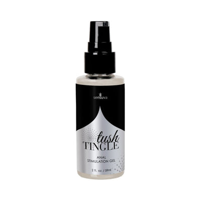 Bottle of Tush Tingle Anal Stimulation Gel with black and silver label and pump dispenser on white background.