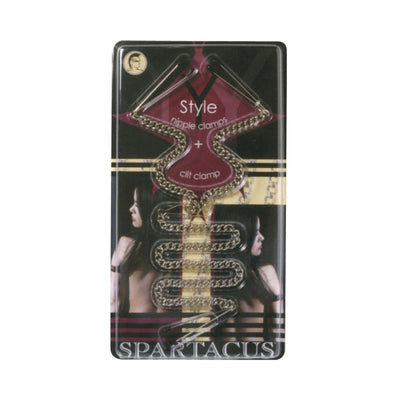 Tweezer Y Clamp Set with adjustable metal nipple and clit clamps connected by a chain in retail packaging.