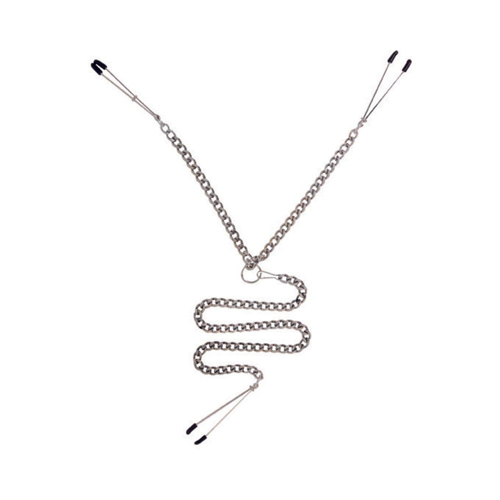 Silver metal tweezer Y clamp set with adjustable black-tipped clamps and connecting chain for sensory play.