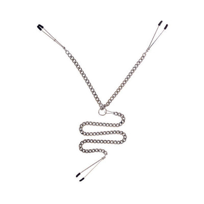 Silver metal tweezer Y clamp set with adjustable black-tipped clamps and connecting chain for sensory play.