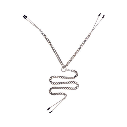 Silver metal tweezer Y clamp set with adjustable black-tipped clamps and connecting chain for sensory play.