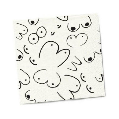 White beverage napkin with playful black line art of abstract breast shapes in various styles and sizes.
