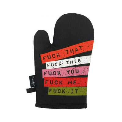 Black oven mitt with colorful bold text stripes featuring humorous phrases for a playful kitchen accessory.