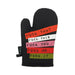 Black oven mitt with colorful bold text stripes featuring humorous phrases for a playful kitchen accessory.
