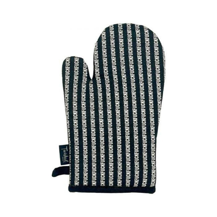 Black and white striped cotton oven mitt with repeated bold text pattern and a hanging loop on the side.