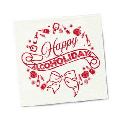 White beverage napkin with red festive design and "Happy Alcoholidays" text surrounded by holiday-themed bottles and decorations.