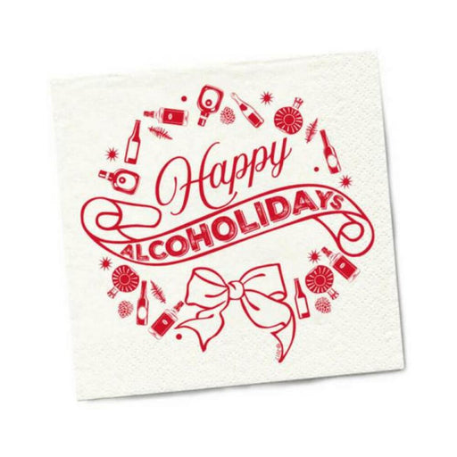 White beverage napkin with red festive design and "Happy Alcoholidays" text surrounded by holiday-themed bottles and decorations.