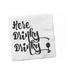 White beverage napkin with playful black "Here Drinky Drinky" text and a small cat-shaped wine glass illustration.