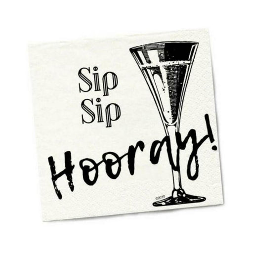 White beverage napkin with black illustration of a champagne glass and text "Sip Sip Hooray!" in playful fonts.