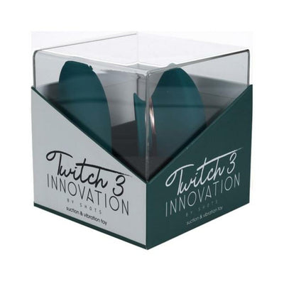 Twitch 3 Innovation silicone suction and vibration toy in green, displayed in clear and green retail packaging.