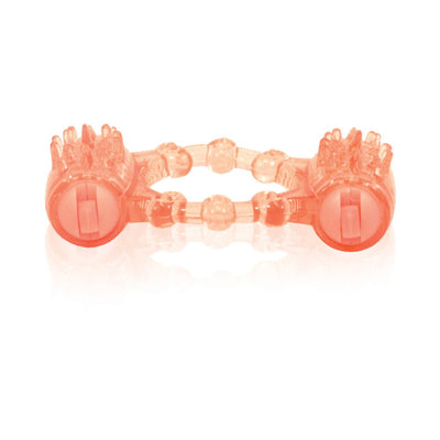 Transparent pink double vibrating pleasure ring with textured knobs and dual motors on a white background.