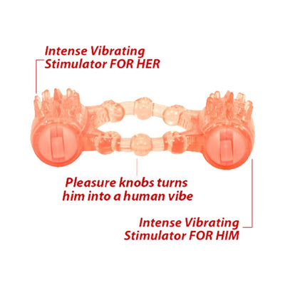 Two-O Double Pleasure Ring in translucent pink with labeled dual vibrating stimulators and textured pleasure knobs.