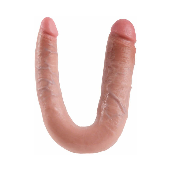 Beige U-shaped double-ended dildo with realistic texture and detailed veins.