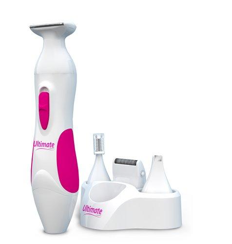 Ultimate Personal Shaver Kit for women with multiple interchangeable trimming heads and a white and pink base organizer.
