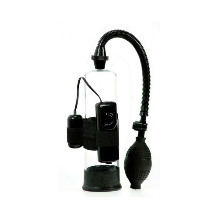 Clear cylinder penis pump with black hand bulb, flexible hose, and attached vibrating control and egg secured by elastic straps.