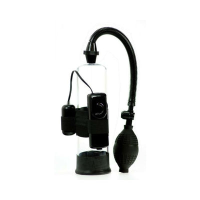 Clear cylinder penis pump with black hand bulb, flexible hose, and attached vibrating control and egg secured by elastic straps.
