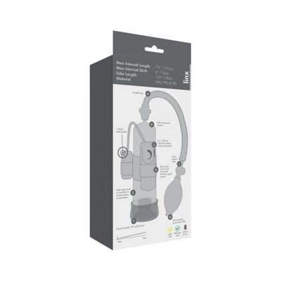 Packaging box of Ultimate Power Penis Pump Black Linx showing product features and specifications diagram.