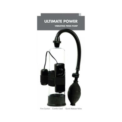 Clear vibrating penis pump with black hand bulb, quick-release valve, and adjustable straps for comfort and control.
