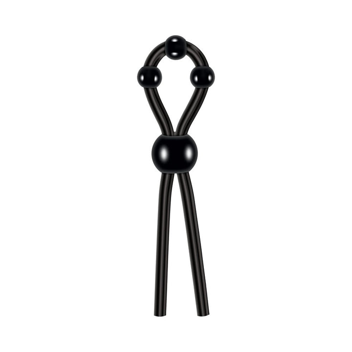 Black silicone lasso cock ring with adjustable beads for customizable fit and enhanced pleasure.
