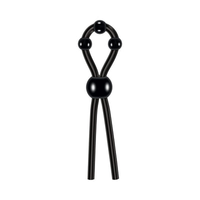 Black silicone lasso cock ring with adjustable beads for customizable fit and enhanced pleasure.