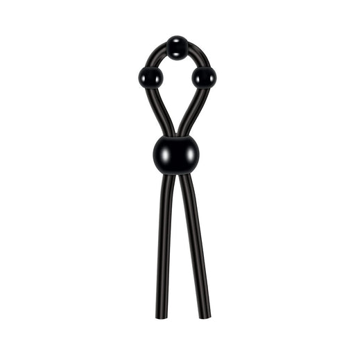 Black silicone lasso cock ring with adjustable beads for customizable fit and enhanced pleasure.