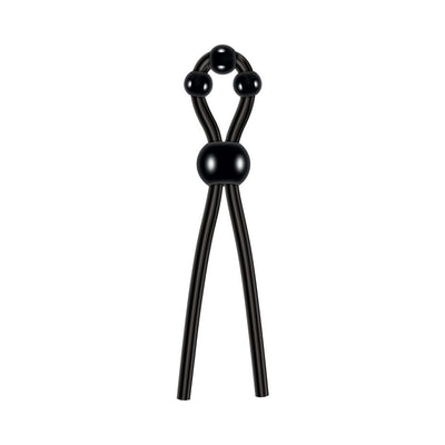 Black silicone lasso cock ring with adjustable beads for customizable fit and enhanced erection support.