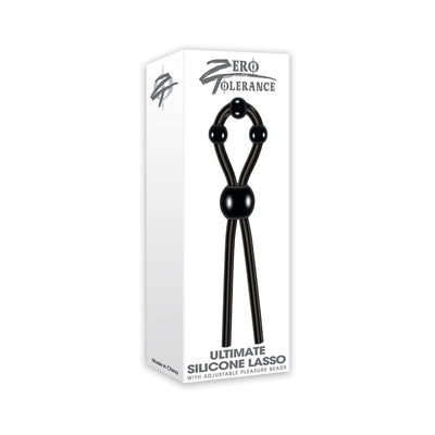 Packaging of Ultimate Silicone Lasso Cock Ring in black with adjustable pleasure beads shown on front.