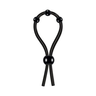 Black silicone lasso cock ring with adjustable beads for customizable fit and enhanced pleasure.